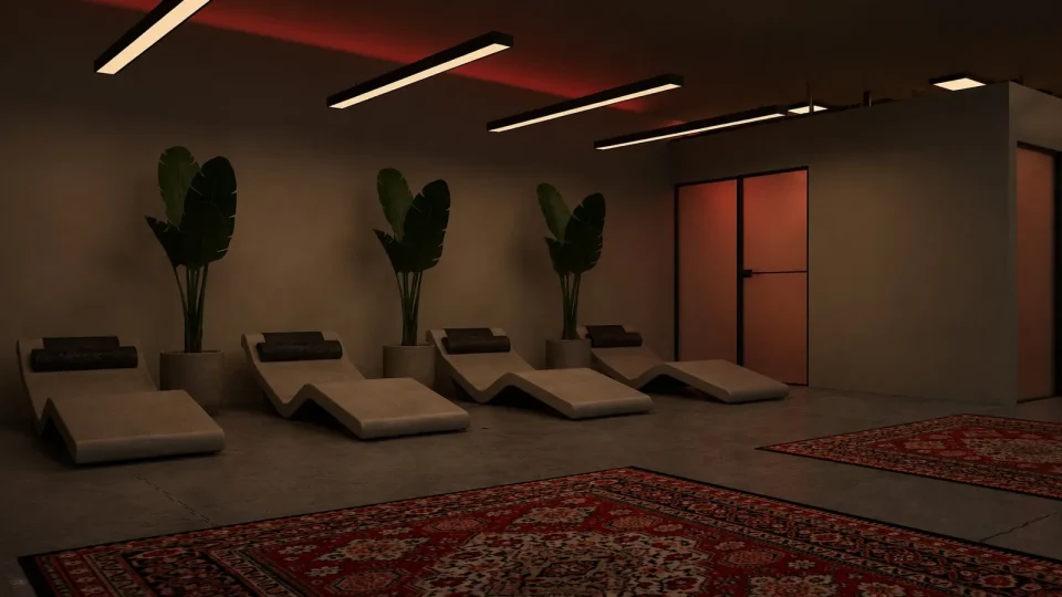 Dim relaxation room with reclining loungers