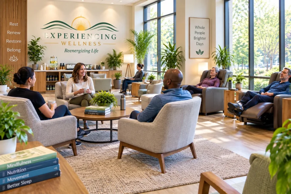 Members talking and resting in a bright lounge